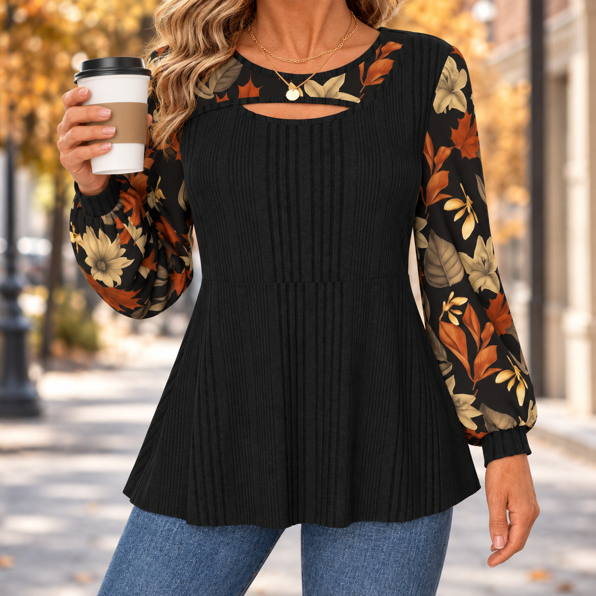 Autumn | Floral Sleeve Ribbed Top