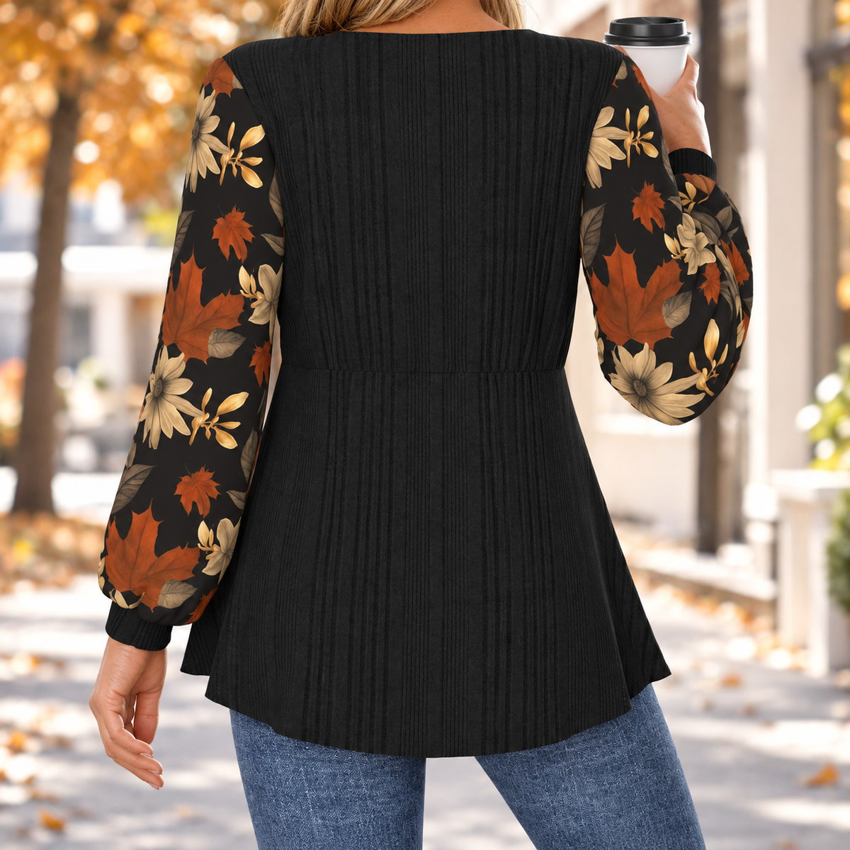 Autumn | Floral Sleeve Ribbed Top