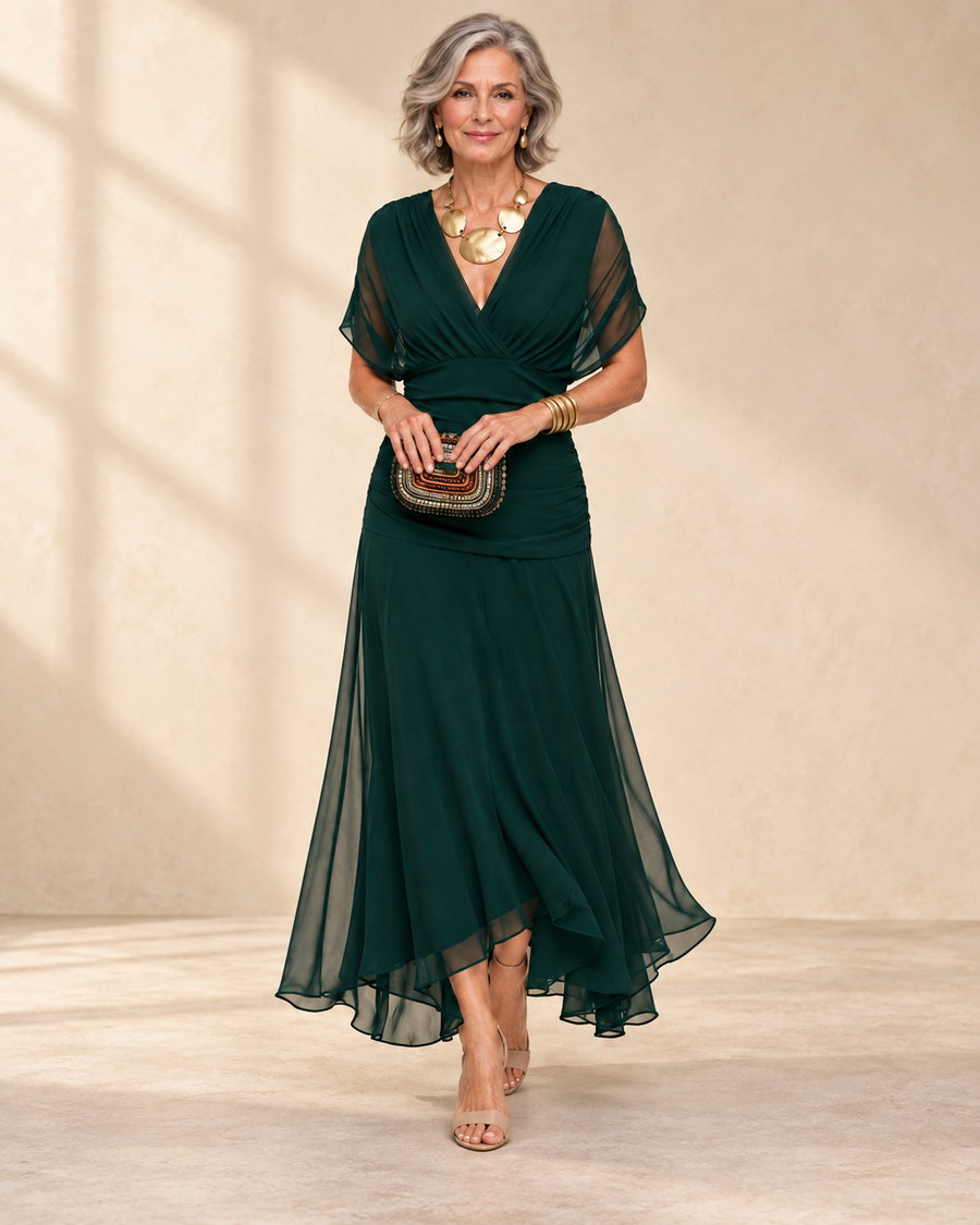 Emma | Draped V-Neck Evening Maxi Dress