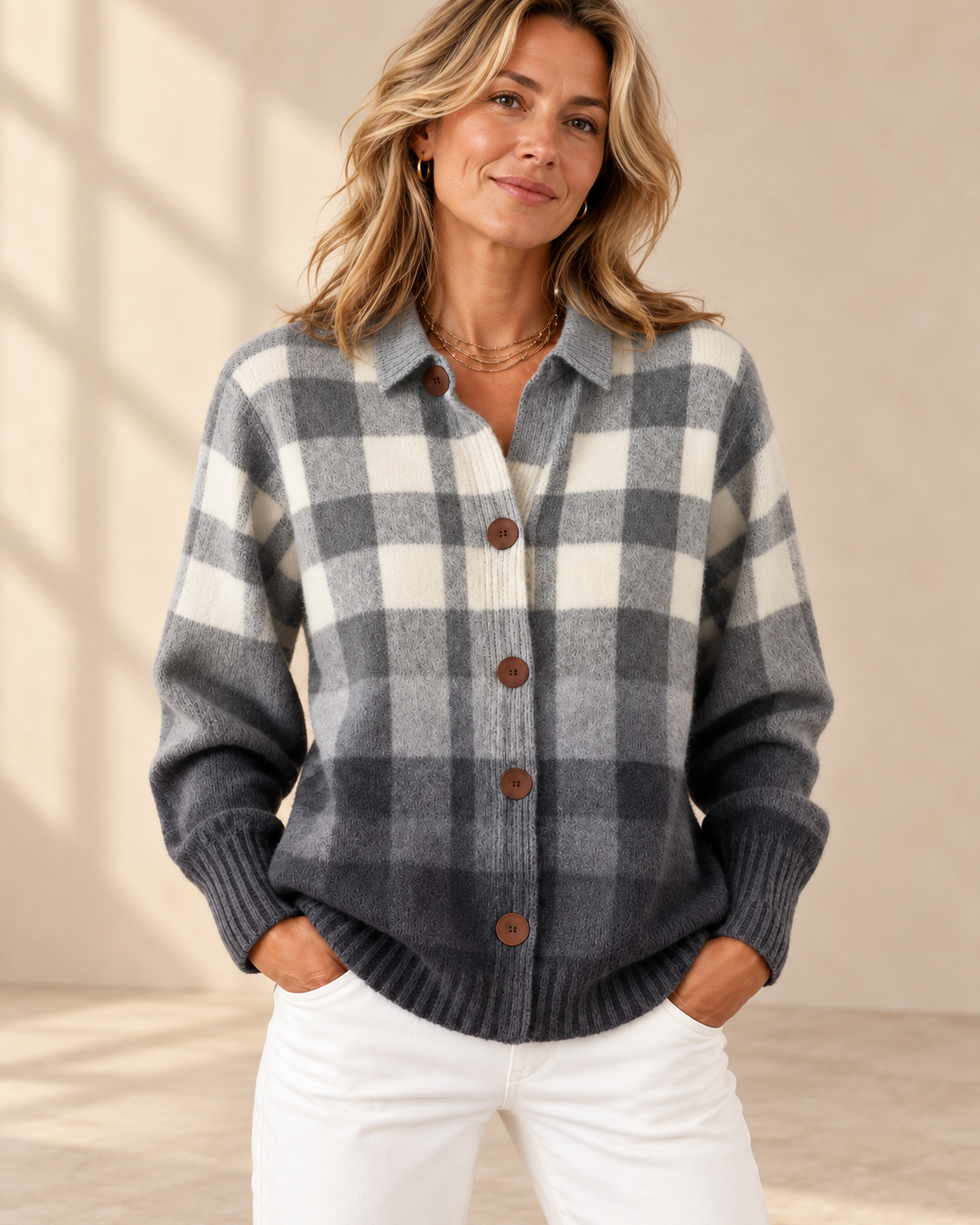 Agnes | Gray Ombre Plaid Button Cardigan