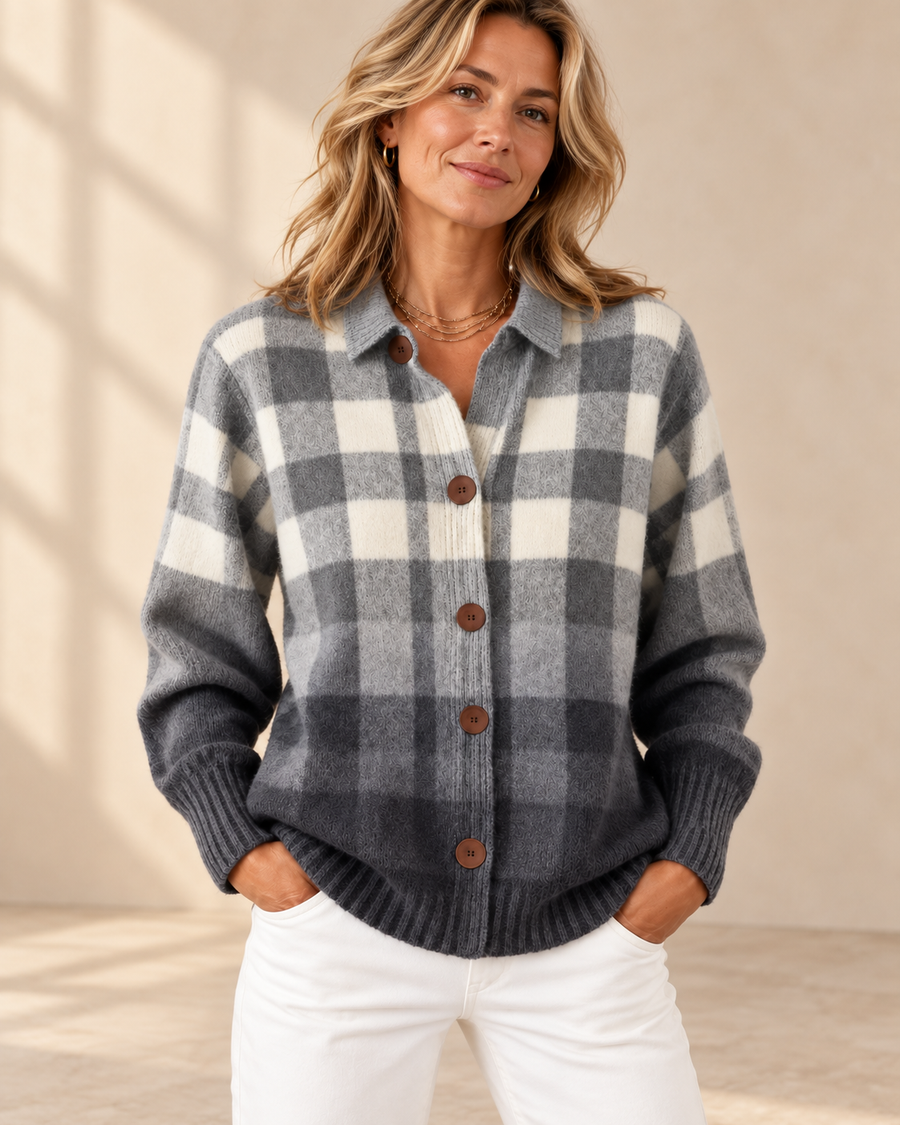 Agnes | Gray Ombre Plaid Button Cardigan