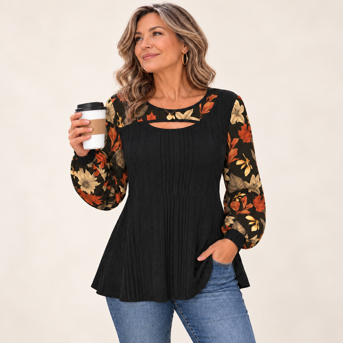 Autumn | Floral Sleeve Ribbed Top