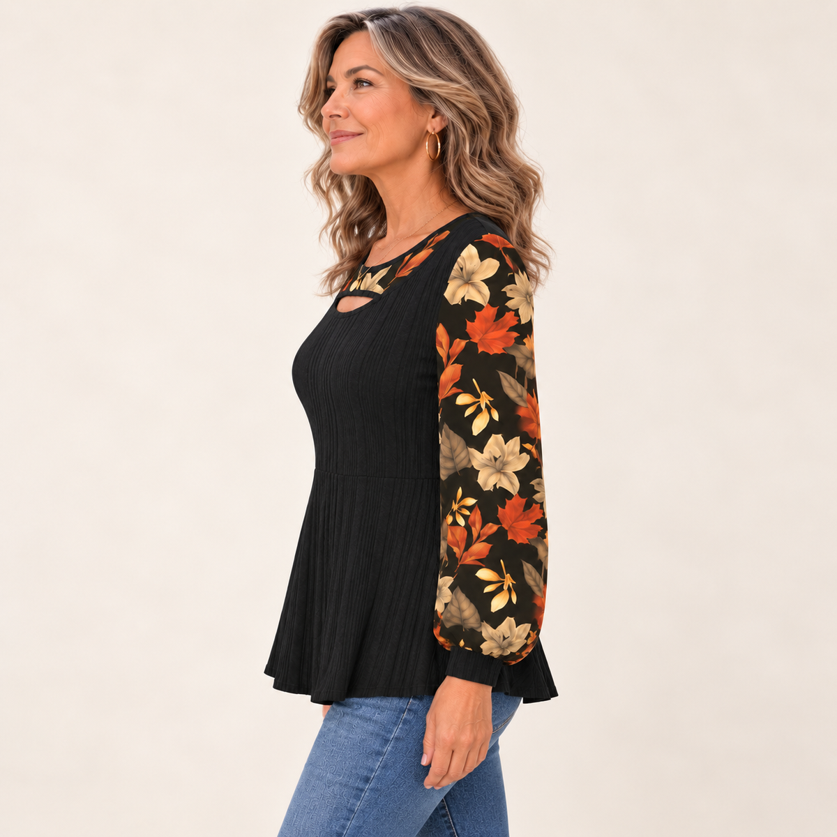 Autumn | Floral Sleeve Ribbed Top