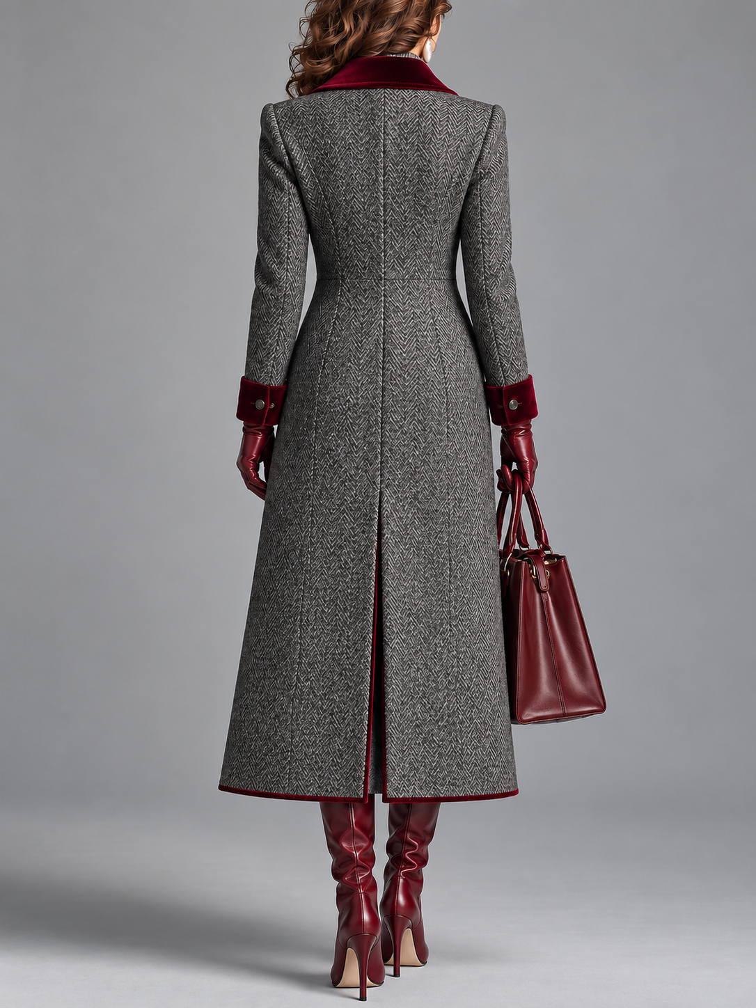 The Heritage™ | Elegant Herringbone Wool Long Coat with Velvet Trim