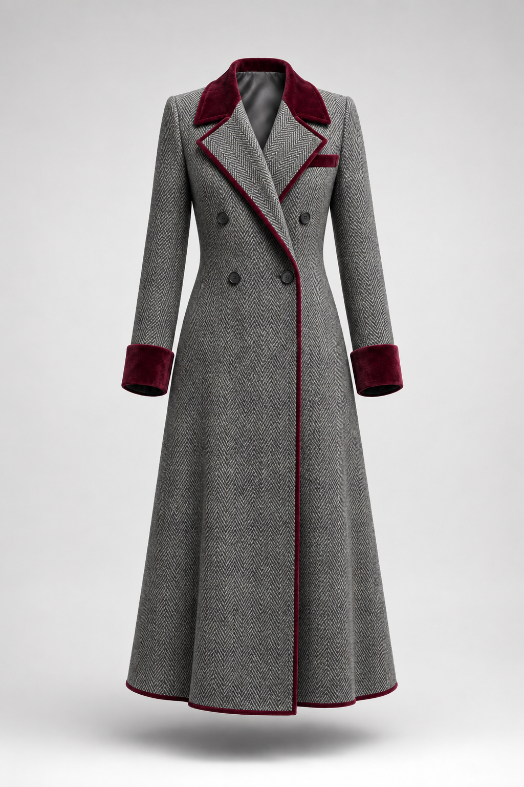 The Heritage™ | Elegant Herringbone Wool Long Coat with Velvet Trim