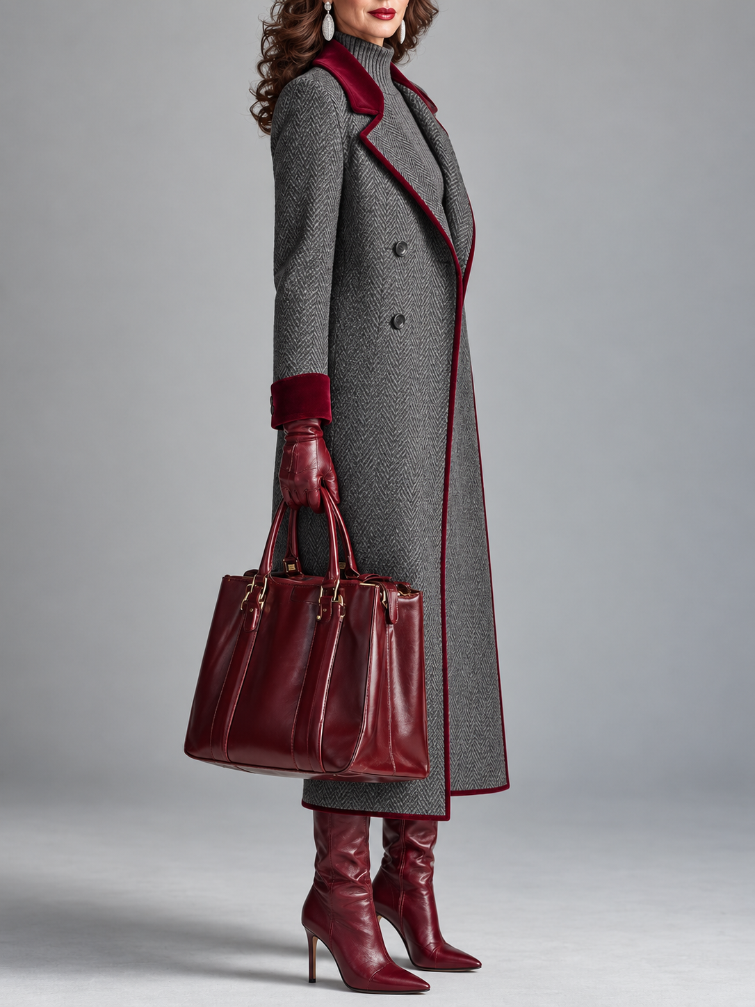 The Heritage™ | Elegant Herringbone Wool Long Coat with Velvet Trim