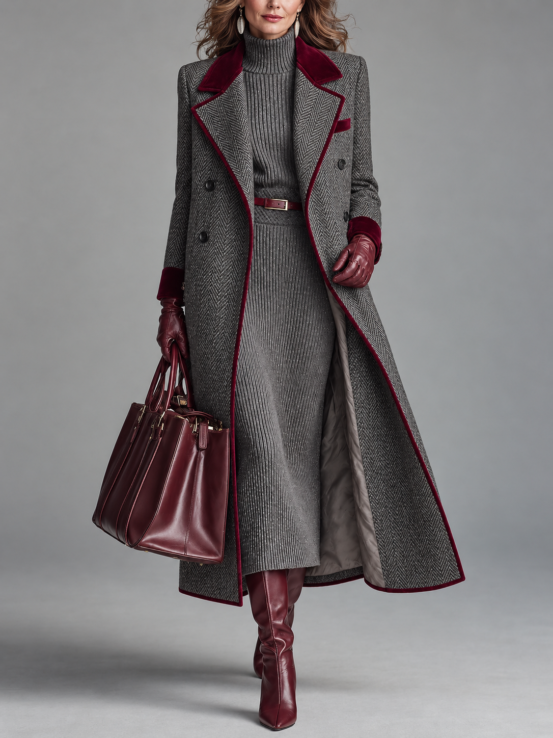 The Heritage™ | Elegant Herringbone Wool Long Coat with Velvet Trim