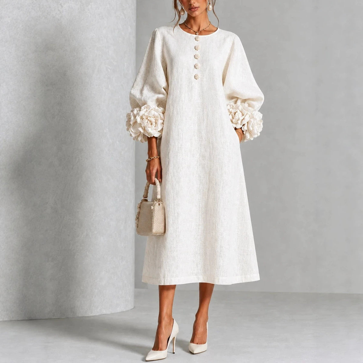 Theodosia Rosette-Cuff Button Midi Dress
