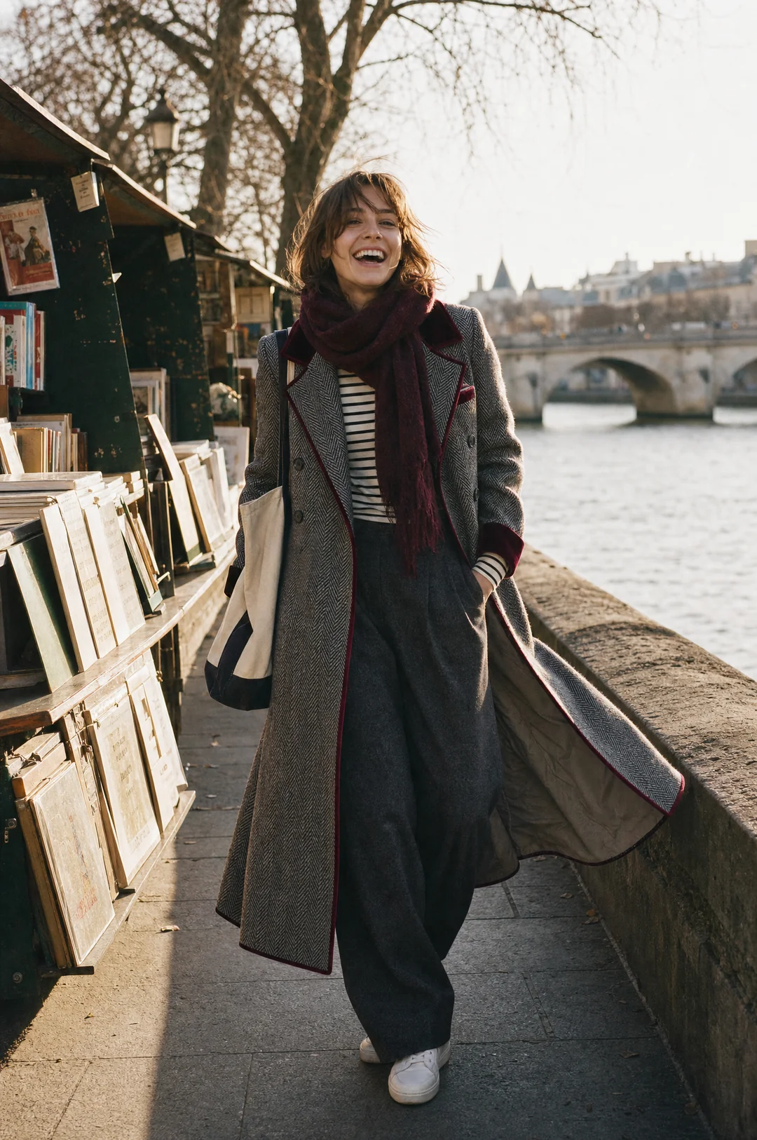 The Heritage™ | Elegant Herringbone Wool Long Coat with Velvet Trim