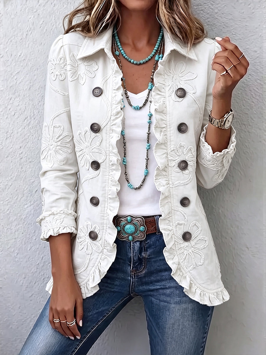 Kimberly | Boho-Chic Floral Embroidered Utility Ruffled Trim Jacket