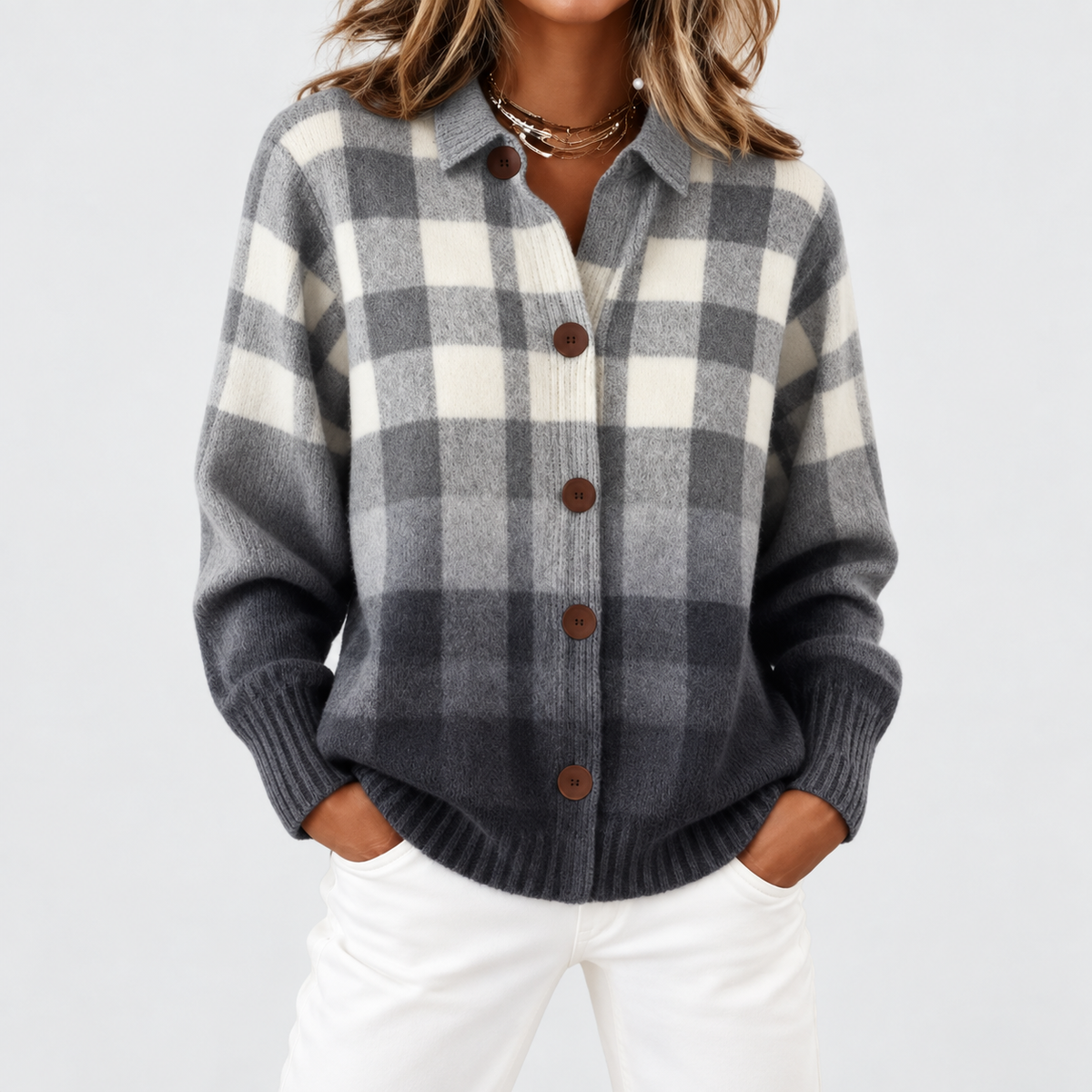 Agnes | Gray Ombre Plaid Button Cardigan