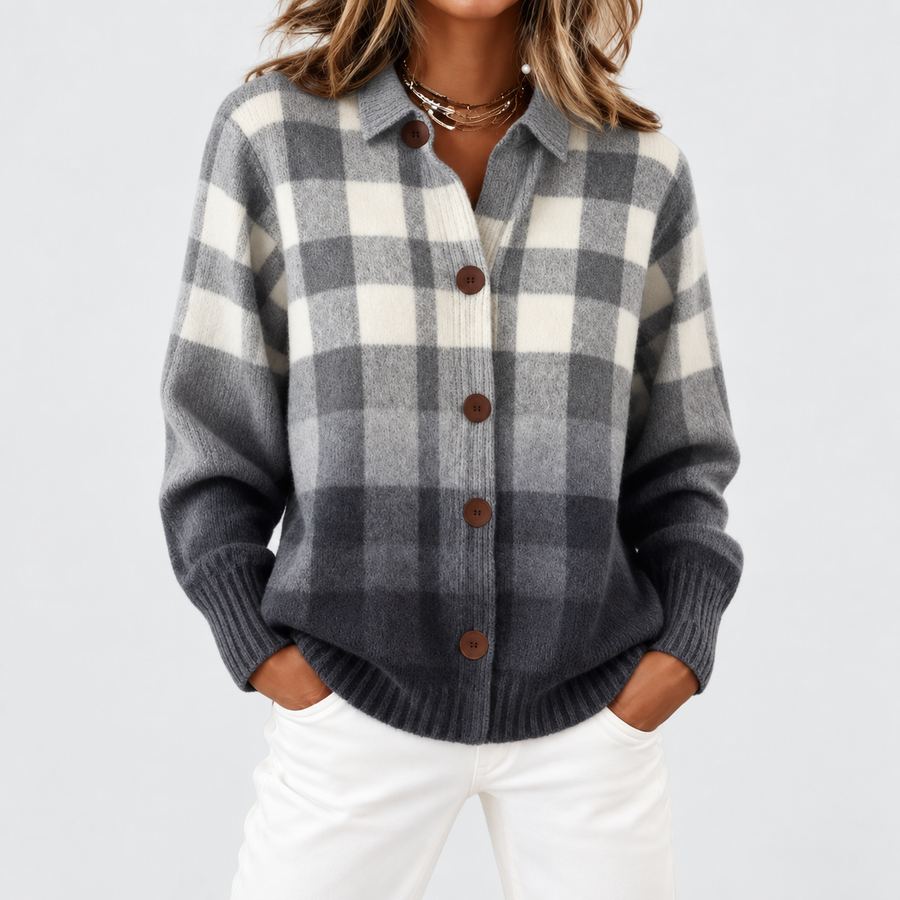 Agnes | Gray Ombre Plaid Button Cardigan